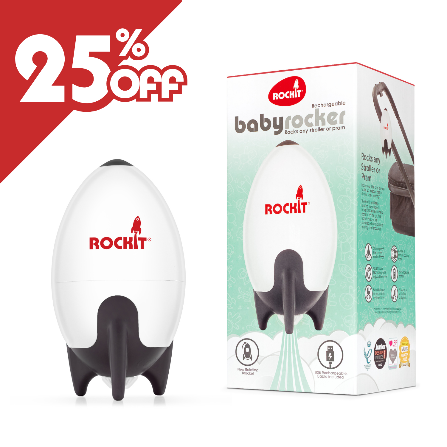 Rockit Rocker- Rechargeable Portable Stroller Baby Rocker